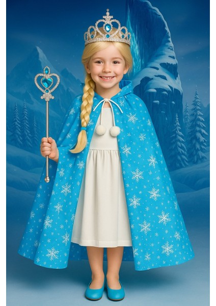 Frozen Elsa 4’lü Prenses Kostüm Seti – Işıltılı Mavi Elbise + Peruk + Asa + Taç