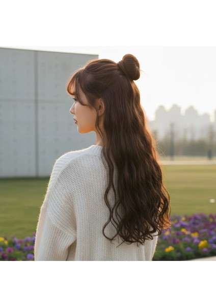 Fiber Sentetik Dalgalı Yarım Ay + 2 Yan Çıt Çıt - Açık Kahve