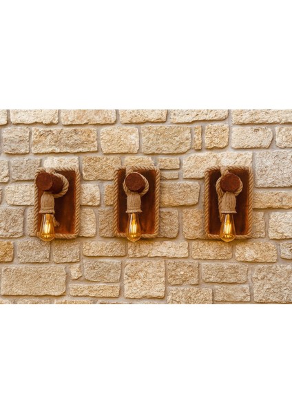 Jüt Halat Detaylı Ahşap Duvar Apliği Kafe Ev Ofis Balkon Dekoratif Aydınlatma 3 Adet