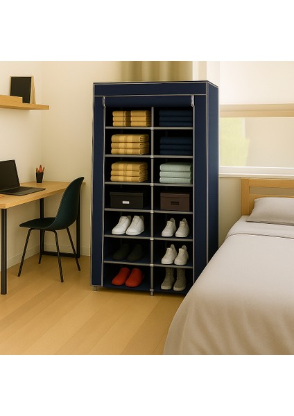 7 Raflı Lacivert Kumaş Kaplamalı Bez Ayakkabılık ve Düzenleme Dolabı