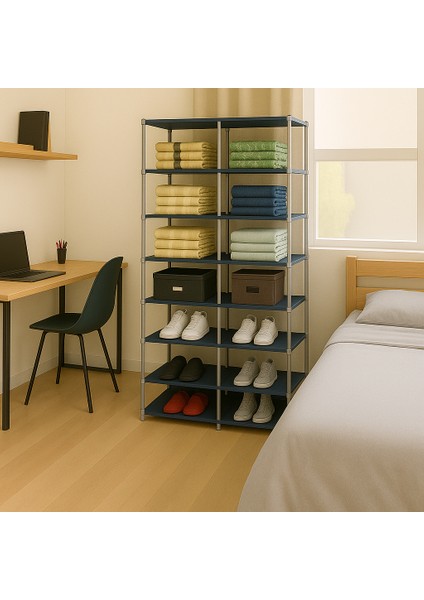 7 Raflı Lacivert Kumaş Kaplamalı Bez Ayakkabılık ve Düzenleme Dolabı fiyatları