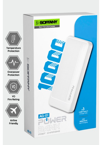 AG01-001 10.000 mAh P.Bank 2 Type-C + 1 USB Girişli Beyaz modelleri