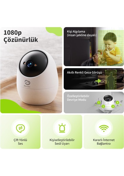 D210 2mp iç Mekan Güvenlik Kamerası, Renkli Gece Görüşü, Wi-Fi Evcil Hayvan (Köpek/kedi) Kamerası, Insan Hareket Algılama ve Takip, 1080P, 360° Görüş Bebek Monitörü, 2.4GHZ ( modelleri