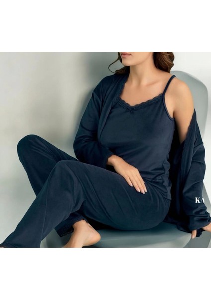 Mihra 13402 Kadın Kadife 3'lü Pijama Takımı