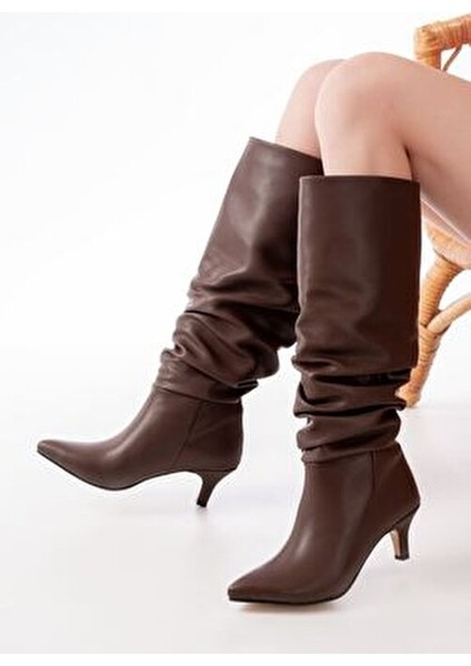 İnfon Kadın Günlük Kullanım İçin Kahverengi Kroko İnce Topuklu Çizme 7 cm fırsatları