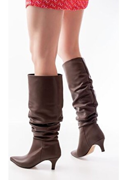 İnfon Kadın Günlük Kullanım İçin Kahverengi Kroko İnce Topuklu Çizme 7 cm