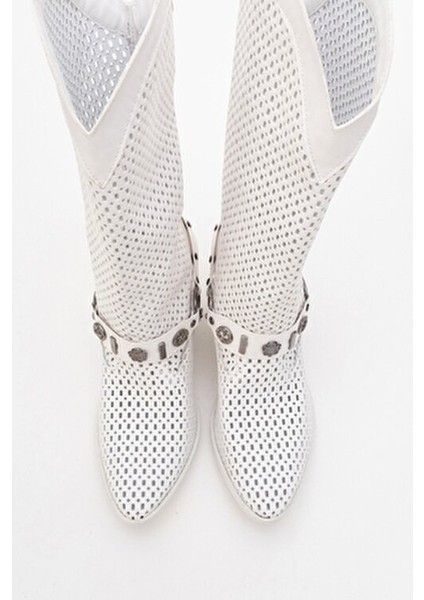 Lıza Beyaz Cilt Kemerli Kalın Topuklu Kadın Yazlık Çizme