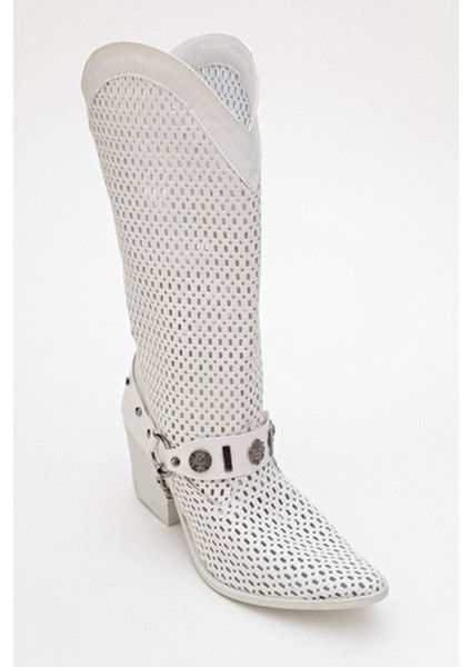Lıza Beyaz Cilt Kemerli Kalın Topuklu Kadın Yazlık Çizme