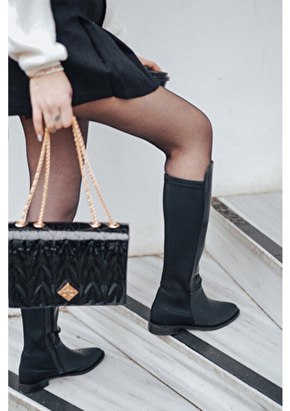 Kadın Lastikli Dizaltı Çizme Suni Deri 3 cm Topuk
