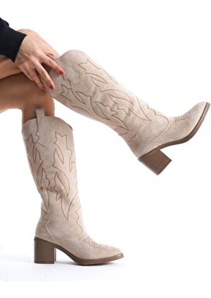 Cazal Ten Süet Topuklu Çizme Suni Deri 7 cm Topuklu Kadın Şık Tasarım indirimleri