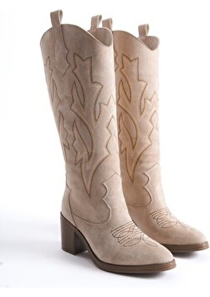 Cazal Ten Süet Topuklu Çizme Suni Deri 7 cm Topuklu Kadın Şık Tasarım