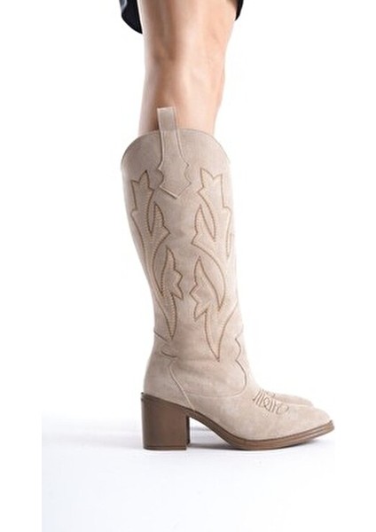 Cazal Ten Süet Topuklu Çizme Suni Deri 7 cm Topuklu Kadın Şık Tasarım