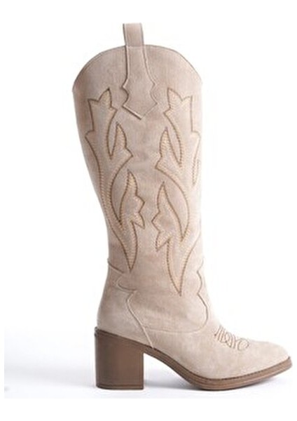 Cazal Ten Süet Topuklu Çizme Suni Deri 7 cm Topuklu Kadın Şık Tasarım