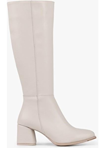 Kadın Kiella Bej Suni Deri Topuklu Çizme Klasik Tasarım 6,5 cm Topuk Yüksekliği indirimleri