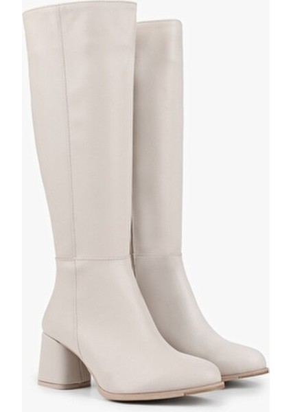 Kadın Kiella Bej Suni Deri Topuklu Çizme Klasik Tasarım 6,5 cm Topuk Yüksekliği