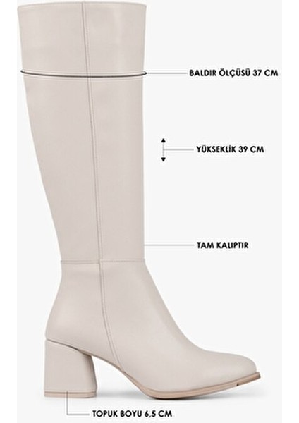 Kadın Kiella Bej Suni Deri Topuklu Çizme Klasik Tasarım 6,5 cm Topuk Yüksekliği
