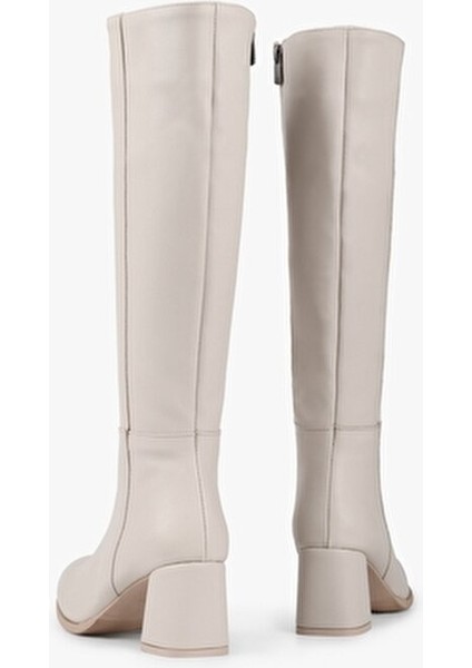 Kadın Kiella Bej Suni Deri Topuklu Çizme Klasik Tasarım 6,5 cm Topuk Yüksekliği