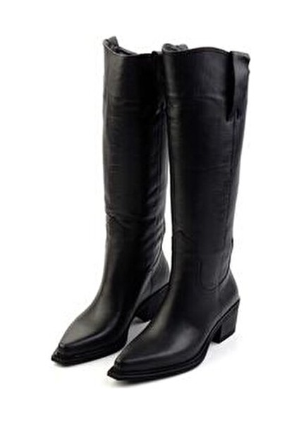 Siyah Deri Kadın Çizme 6 Cm Topuklu