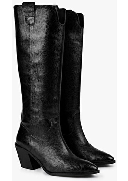 Kadın Rebel Siyah Suni Deri Kovboy Çizme 7 cm Topuk