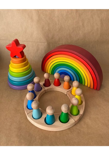 12'li Waldorf Gökkuşağı Peg Bebek Tabla Yıldız Kule Waldorf Eğitsel Ahşap Oyuncak Jumbo 3 Lü Set