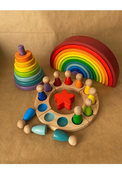 12'li Waldorf Gökkuşağı Peg Bebek Tabla Yıldız Kule Waldorf Eğitsel Ahşap Oyuncak Jumbo 3 Lü Set fiyatları