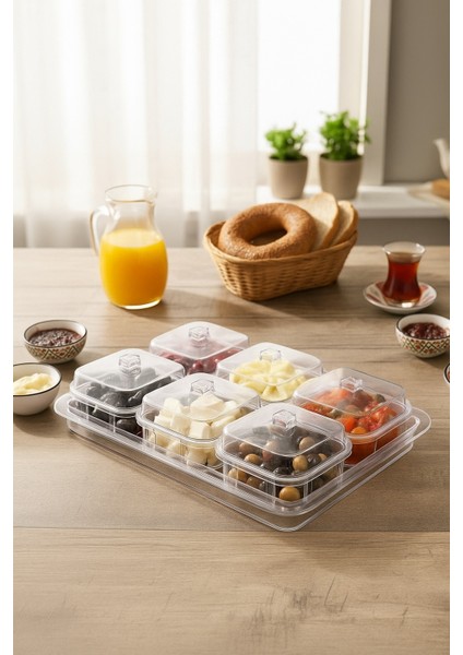 Akrilik Şeffaf 6 Lı Kapaklı Kahvaltılık & Kahvaltı Seti & Saklama Kabı ( CAM DEĞİLDİR )