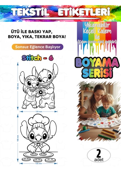 Yıkanabilir Keçeli Kalem ile Boyanan Tişört Ütü Etiketi Stitch Serisi-6 2li Set