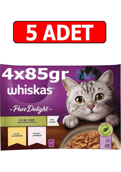 Pure Delight Tavuklu Somonlu Kedi Yaş Mama (4X85GR) 5ADET Dilimli Seçim Kedi Konserve Jöleli