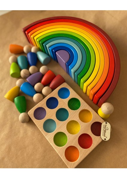 1 Yaş 12'li Waldorf Gökkuşağı Peg Bebek Tabla Seti, Waldorf Renk Eşleştirme Ahşap Oyuncak Seti modelleri
