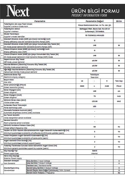 YE-75IDWG11 75'' 190 Ekran Uydu Alıcılı 4K Ultra HD Google MiniLED TV