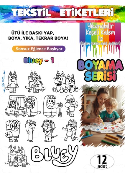 Yıkanabilir Keçeli Kalem ile Boyanan Tişört Ütü Etiketi Bluey Serisi-1 12LI Set