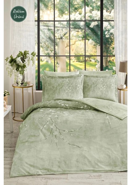 Yeşil White Sakura Çift Kişilik Lastikli Çarşaf Nevresim Takımı