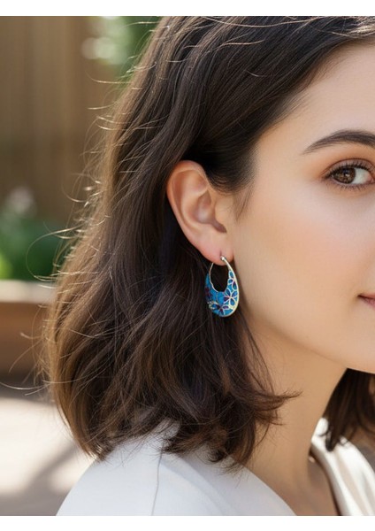 Kadın 925 Ayar Gümüş Oval Renkli Küpe, Mavi Oval Zirkon Taşlı Küpe,Sivgililer günü hediyesi