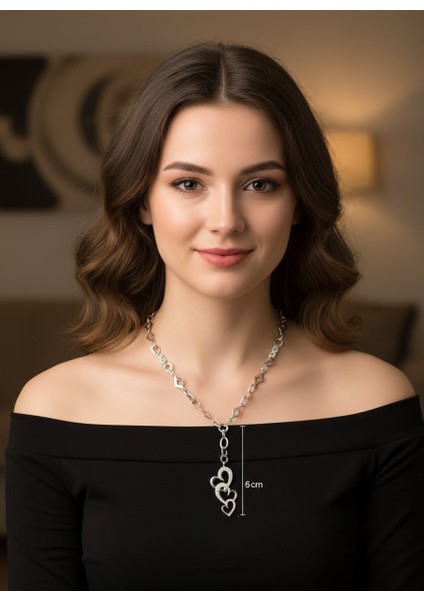 Kadın 925 Ayar Gümüş Üçlü Kalpli Zirkon Taşlı Kolye, Uzun Kolye