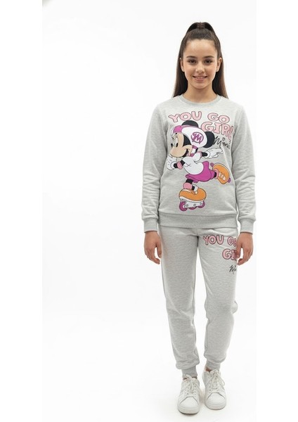 Gri Renk Mickey Mouse Minnie Baskılı Alt Üst Takım Kız Çocuk Eşofman