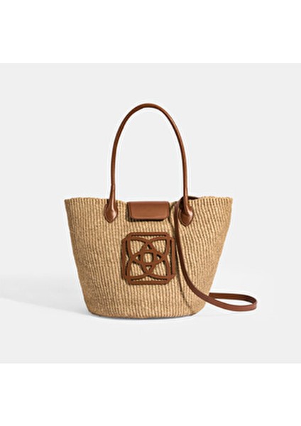 Kadın Hasır Omuz Çantası Taba Renk Monogram Logolu El Yapımı modelleri