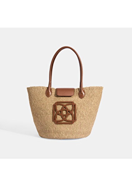 Kadın Hasır Omuz Çantası Taba Renk Monogram Logolu El Yapımı fırsatları