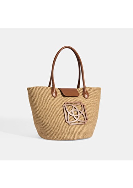 Kadın Hasır Omuz Çantası Taba Renk Monogram Logolu El Yapımı indirimleri