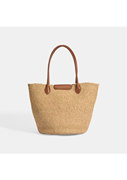 Kadın Hasır Omuz Çantası Taba Renk Monogram Logolu El Yapımı