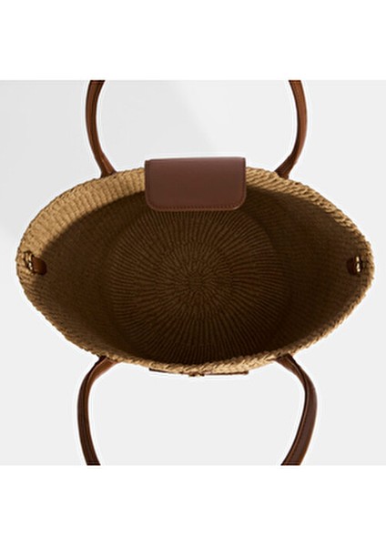 Kadın Hasır Omuz Çantası Taba Renk Monogram Logolu El Yapımı