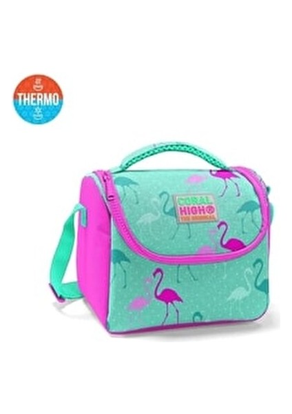 Kids Su Yeşili Neon Pembe Flamingo Desenli Çekçekli Çanta Seti Suya Dayanıklı 3 Gözlü