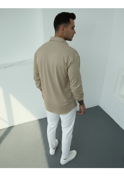 Erkek Polo Yaka Uzun Kollu Kendinden Çizgili Gömlek, Oversize Kalıp, Pamuk-Polyester, modelleri