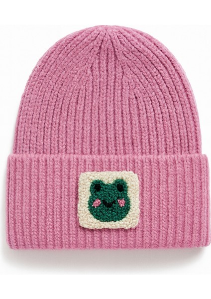 Pembe Yün Lüks Bere Yeşil Kurbağa Hayvan Punch Motifli Unisextir AYN100