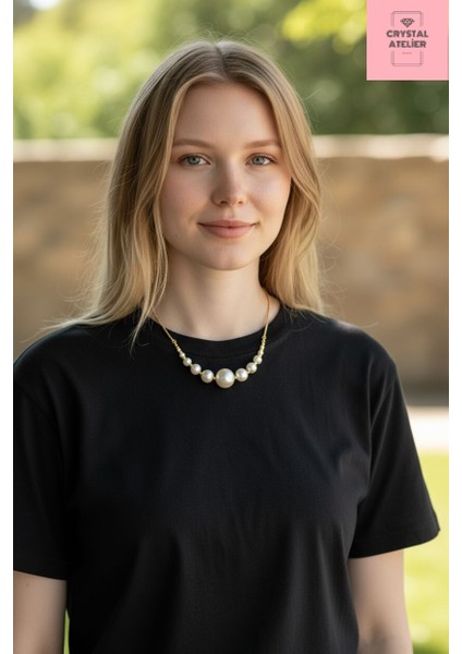 İnci Kolye, İncili Kolye, Barok İnci Kolye, Altın Kaplama Sıralı İnci Taşlı Kolye