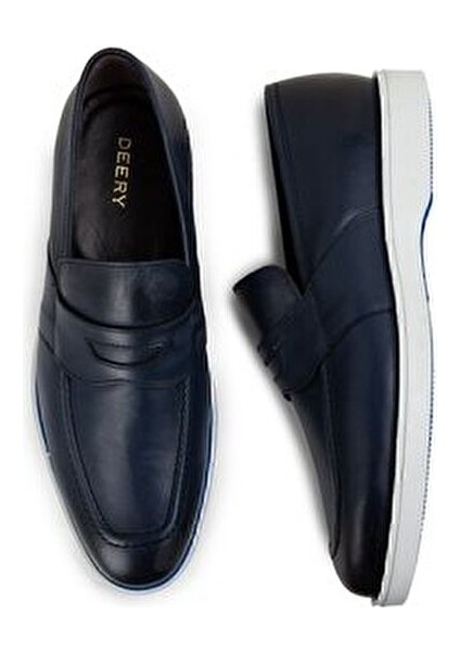 Mavi Deri Erkek Loafer Ayakkabı Kauçuk Tabanlı Dört Mevsim Kullanım 3 cm Topuk