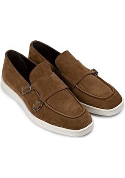 Süet Taba Rengi Erkek Loafer Ayakkabı Çift Tokalı Kauçuk Tabanlı