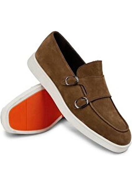 Süet Taba Rengi Erkek Loafer Ayakkabı Çift Tokalı Kauçuk Tabanlı