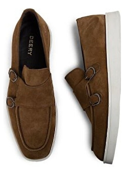 Süet Taba Rengi Erkek Loafer Ayakkabı Çift Tokalı Kauçuk Tabanlı