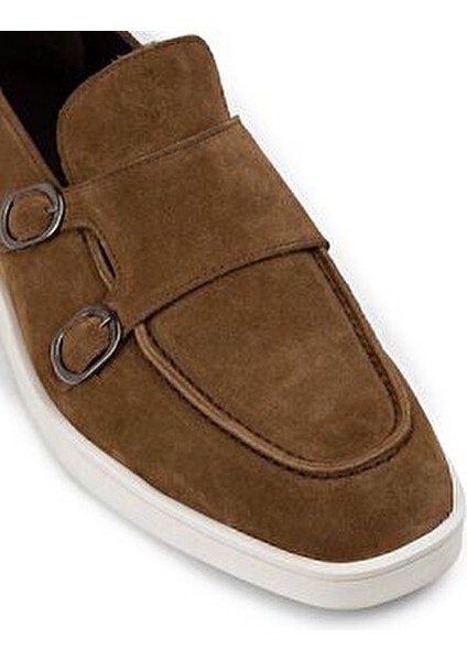Süet Taba Rengi Erkek Loafer Ayakkabı Çift Tokalı Kauçuk Tabanlı
