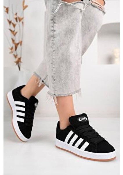 Unisex Klasik Bağcıklı Ortopedik Spor Sneaker Ayakkabı Siyah Beyaz Düz Taban